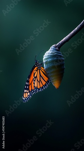 A vibrant orange monarch butterfly rests elegantly beside its chrysalis on a twig, showcasing nature's beauty.