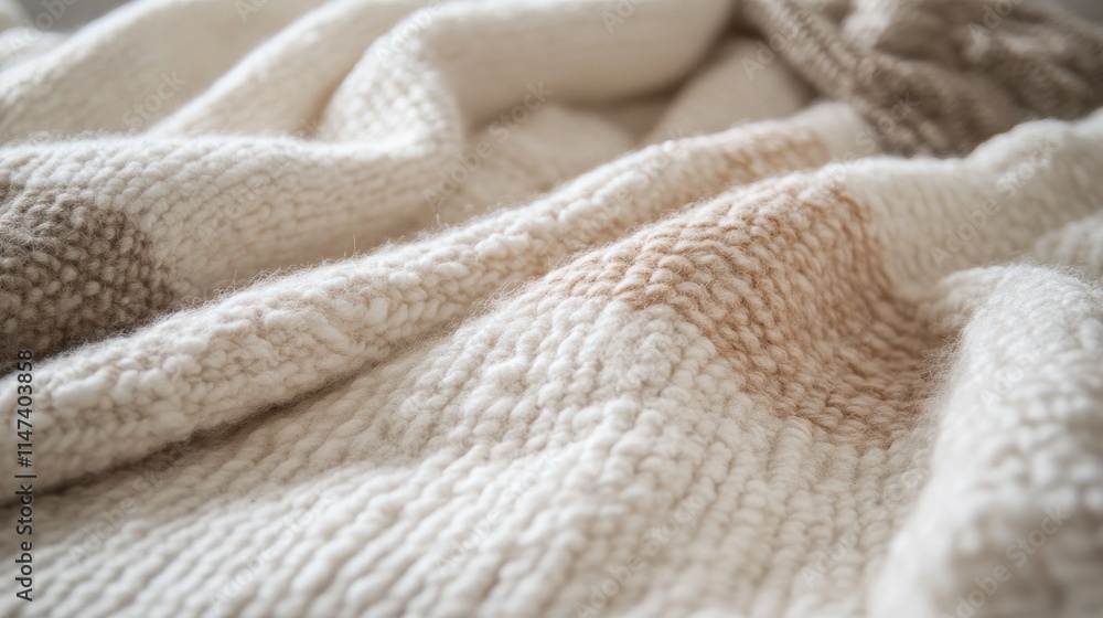 Close-up of soft, textured knit blanket in cream and beige tones. Close-up of soft, textured knit blanket in cream and beige tones.