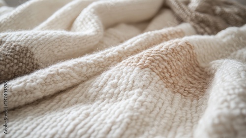 Close-up of soft, textured knit blanket in cream and beige tones.