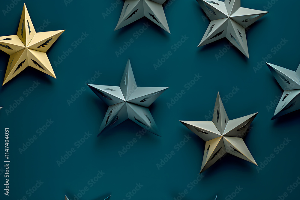 Obraz premium Classic Blue Kaleidoscope Star Pattern on Teal Background for Home Decor, Branding, Packaging, Textile Design, Digital Art, Ads, Social Media, Stationery