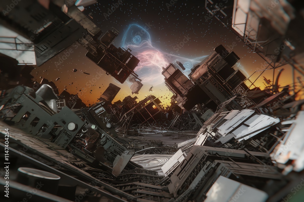 Naklejka premium Futuristic cityscape with digital elements at sunset, showcasing advanced technology.