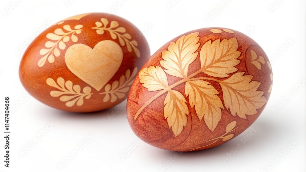 Easter Egg Dyed With Onion Skins Showcasing Intricate Leaf and Heart Designs on a Clean White Background. Generative AI Easter Egg Dyed With Onion Skins Showcasing Intricate Leaf and Heart Designs on a Clean White Background. Generative AI