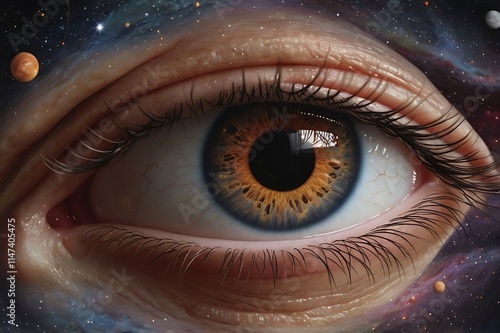 Hyper-Realistic Human Eye, With The Iris Swirling Like A Galaxy, Filled With Stars, Nebulas, And Tiny Planets photo