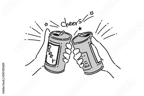 缶ビールを乾杯している手のイラスト(グレースケール)