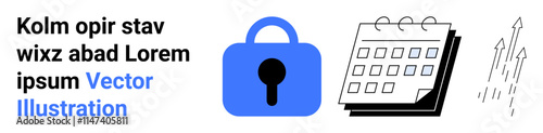 Blue padlock symbolizes data security, calendar represents scheduling tasks, and upward arrows signify growth. Ideal for cybersecurity, planning, business growth, productivity tools, time management