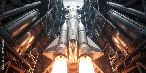Powerful rocket launch, capturing the fiery propulsion against a backdrop of metal structures.