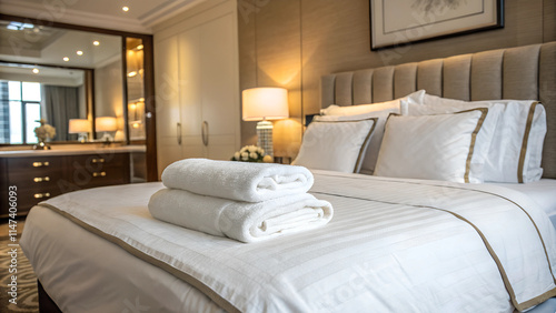 Folded towels on hotel room, bedroom with folded towels on crisp white sheets. Comfortable guest bedroom. Created with Generative AI.