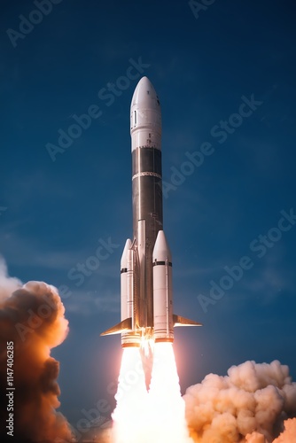 Rocket launch against blue sky, symbolizing innovation and exploration.