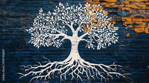 a tree in a stencil art form with interlocking roots, set against a brick wall