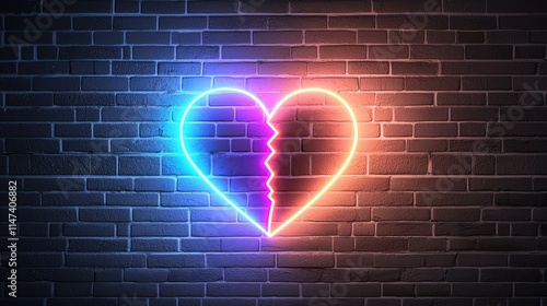 Flat vector design of a glowing neon broken heart sign, symbolizing breakup and sadness. Set on a dark, moody nightclub wall background, creating a vivid emotional contrast.