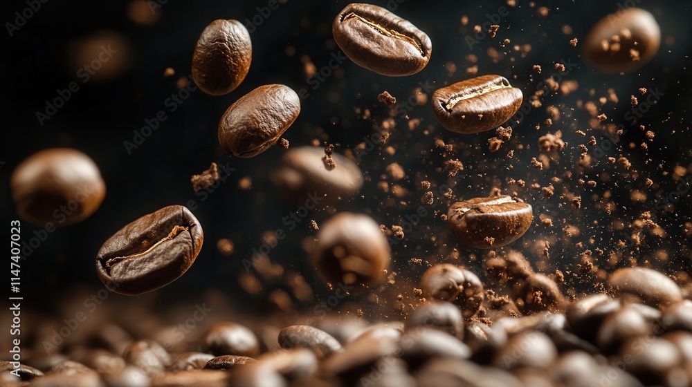 Flying coffee beans with ground coffee on a black background, a dynamic shot for advertising, packaging design, or café style. Capturing freshness, richness, and motion in one photo. Flying coffee beans with ground coffee on a black background, a dynamic shot for advertising, packaging design, or café style. Capturing freshness, richness, and motion in one photo.