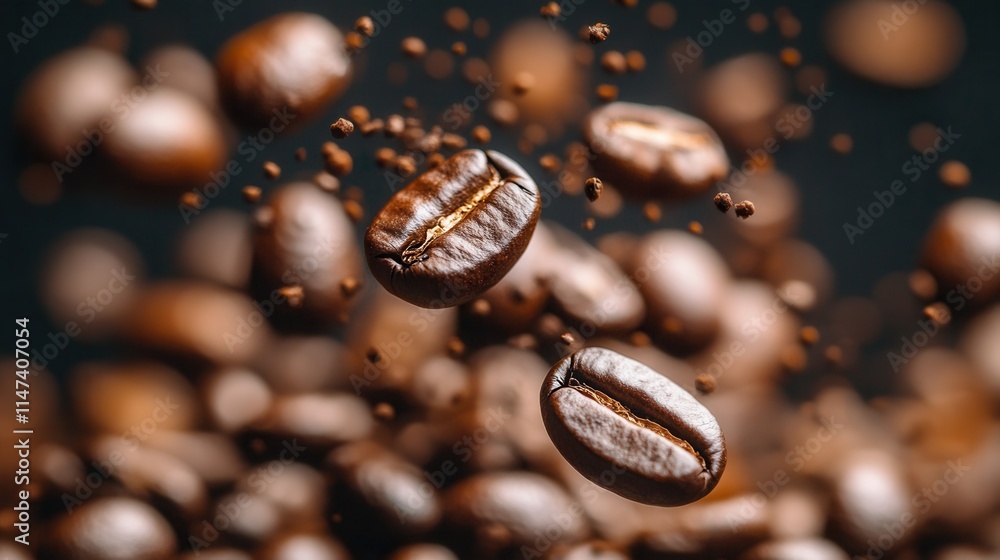 Flying coffee beans with ground coffee on a black background, a dynamic shot for advertising, packaging design, or café style. Capturing freshness, richness, and motion in one photo. Flying coffee beans with ground coffee on a black background, a dynamic shot for advertising, packaging design, or café style. Capturing freshness, richness, and motion in one photo.