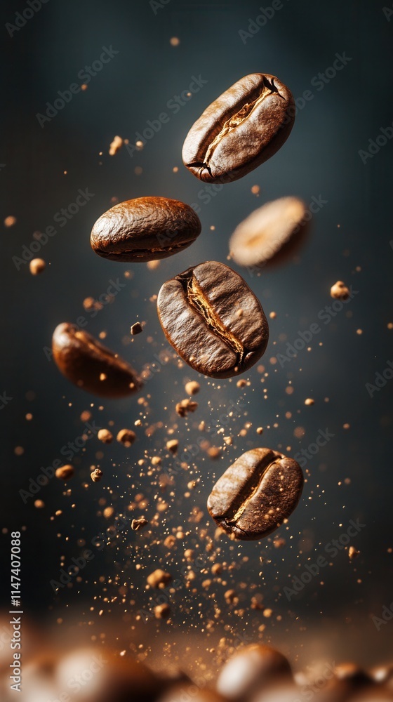 Flying coffee beans with ground coffee on a black background, a dynamic shot for advertising, packaging design, or café style. Capturing freshness, richness, and motion in one photo. Flying coffee beans with ground coffee on a black background, a dynamic shot for advertising, packaging design, or café style. Capturing freshness, richness, and motion in one photo.