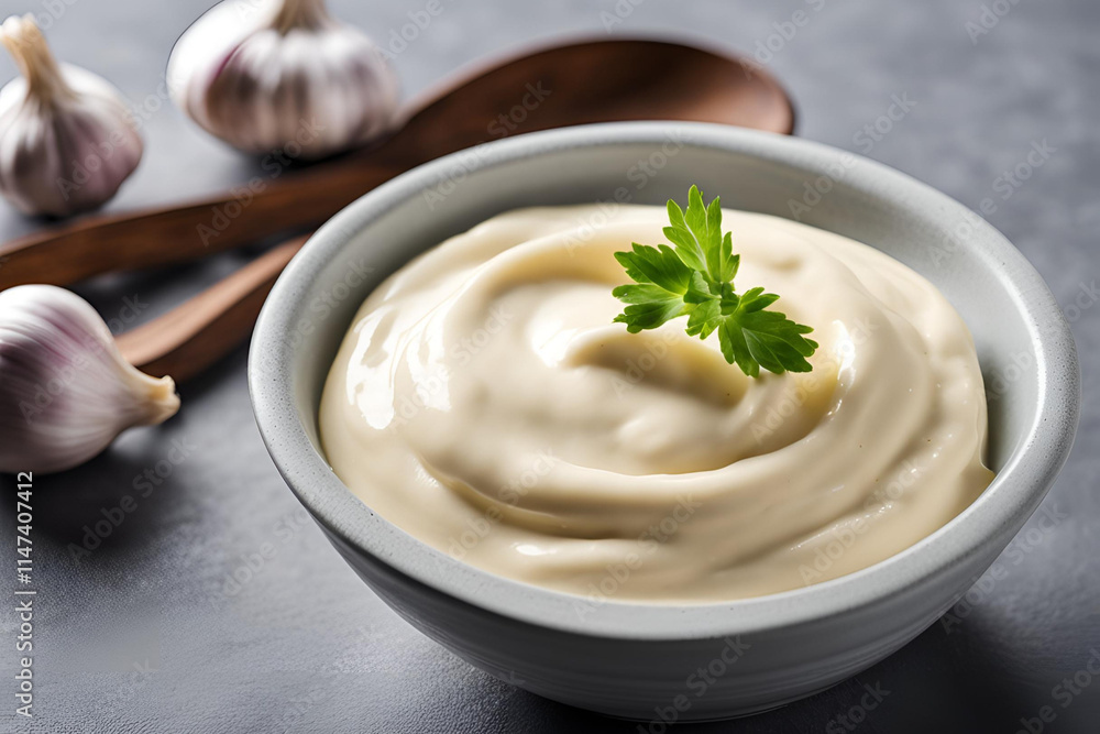 Close-up of creamy garlic mayonnaise sauce in a small bowl, with a smooth texture and light golden color, set on a dark empty table with no other elements.
Close-up of creamy garlic mayonnaise sauce in a small bowl, with a smooth texture and light golden color, set on a dark empty table with no other elements.