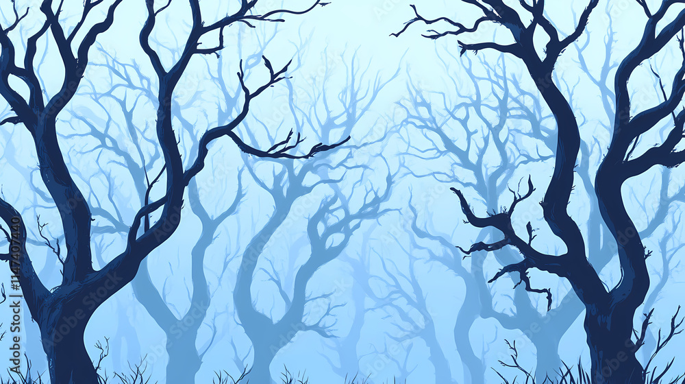 Naklejka premium Dramatic seasonal background with snow covered tree silhouettes in fog. blue winter woodland banner. Brumal. Illustration