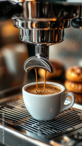 Close-up of an espresso machine pouring coffee into a white cup with creamy foam. Ideal for cafés, restaurants, beverage ads, and coffee-related articles. Modern equipment with a cozy atmosphere