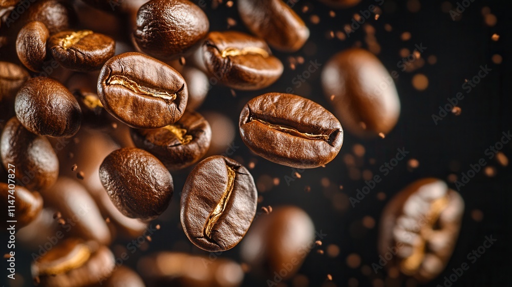 Flying coffee beans with ground coffee on a black background, a dynamic shot for advertising, packaging design, or café style. Capturing freshness, richness, and motion in one photo. Flying coffee beans with ground coffee on a black background, a dynamic shot for advertising, packaging design, or café style. Capturing freshness, richness, and motion in one photo.