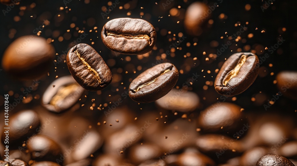 Flying coffee beans with ground coffee on a black background, a dynamic shot for advertising, packaging design, or café style. Capturing freshness, richness, and motion in one photo. Flying coffee beans with ground coffee on a black background, a dynamic shot for advertising, packaging design, or café style. Capturing freshness, richness, and motion in one photo.