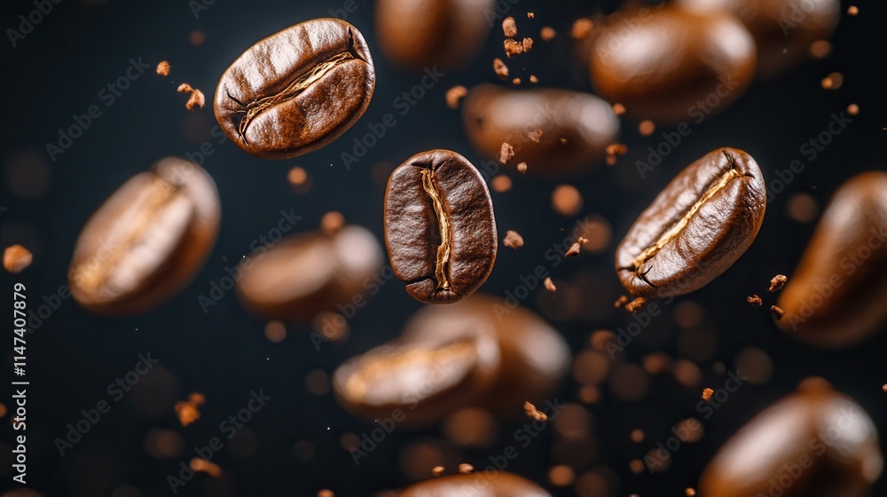 Flying coffee beans with ground coffee on a black background, a dynamic shot for advertising, packaging design, or café style. Capturing freshness, richness, and motion in one photo. Flying coffee beans with ground coffee on a black background, a dynamic shot for advertising, packaging design, or café style. Capturing freshness, richness, and motion in one photo.