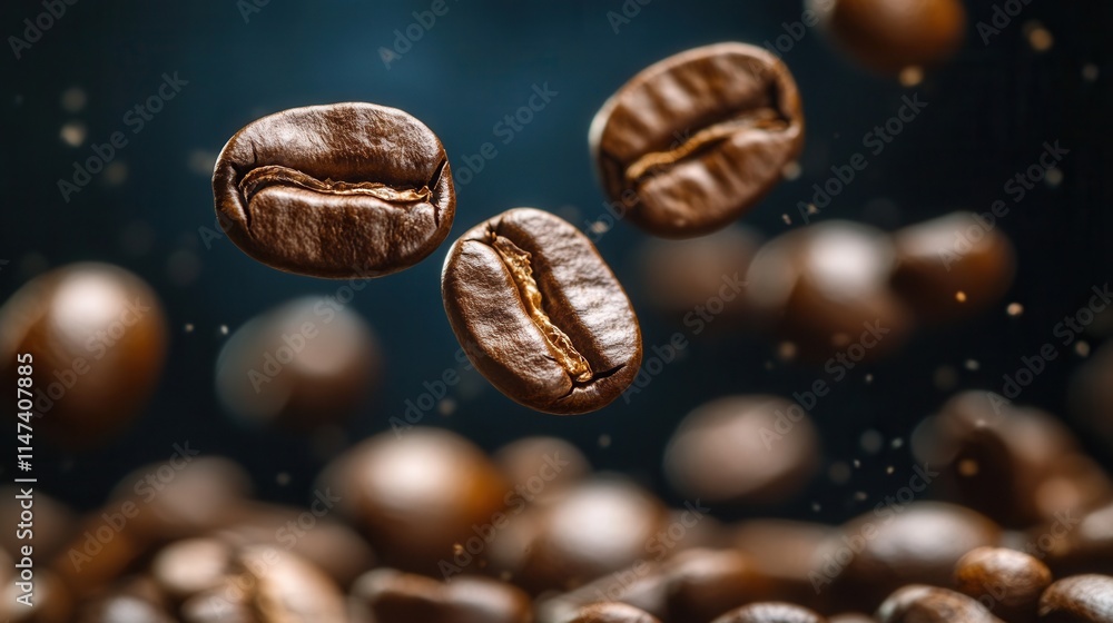 Flying coffee beans with ground coffee on a black background, a dynamic shot for advertising, packaging design, or café style. Capturing freshness, richness, and motion in one photo. Flying coffee beans with ground coffee on a black background, a dynamic shot for advertising, packaging design, or café style. Capturing freshness, richness, and motion in one photo.