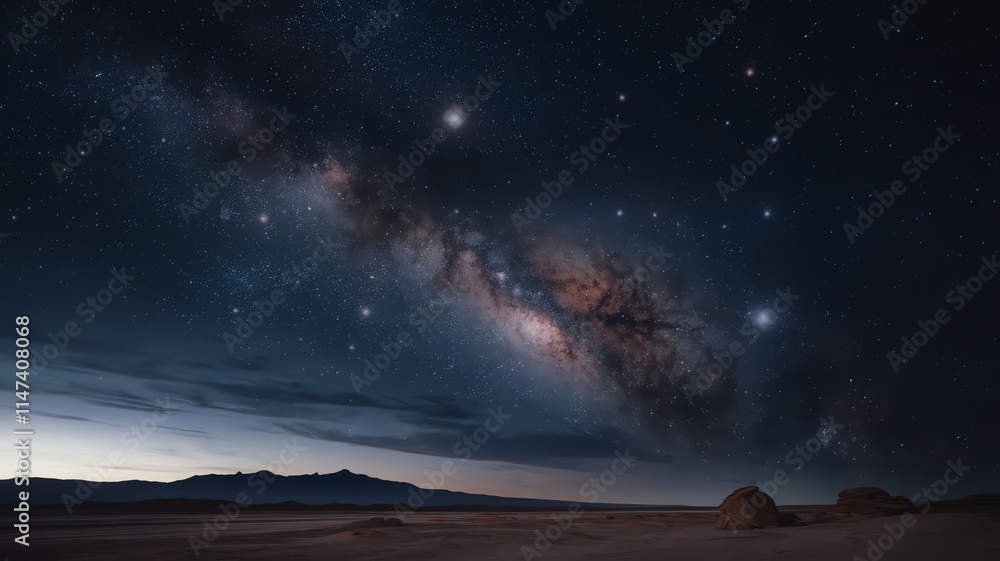 Fototapeta premium Starry night sky with Milky Way galaxy over desert landscape.