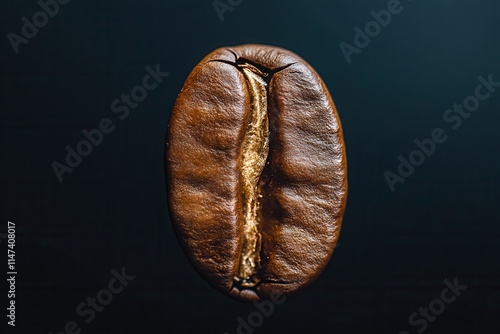 Macro photography of a coffee bean on a black background with detailed texture and shine, perfect for coffee advertising, packaging design, branding, minimalist, and modern projects.