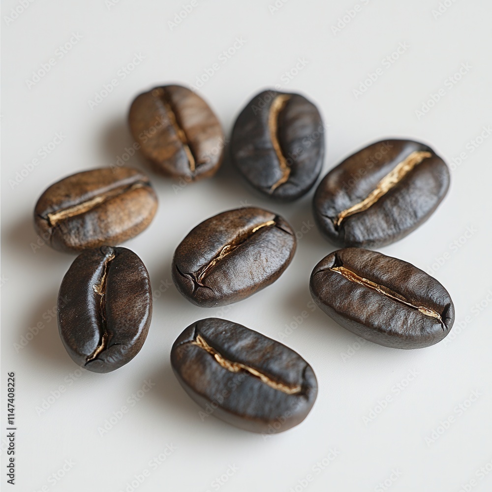 A close-up of nine roasted coffee beans on a white surface, minimalistic composition in macro photography style. A close-up of nine roasted coffee beans on a white surface, minimalistic composition in macro photography style.