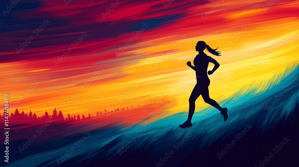Running Silhouette. A sleek silhouette of a runner against a vibrant trail. Fitness, illustration, activity Running Silhouette. A sleek silhouette of a runner against a vibrant trail. Fitness, illustration, activity