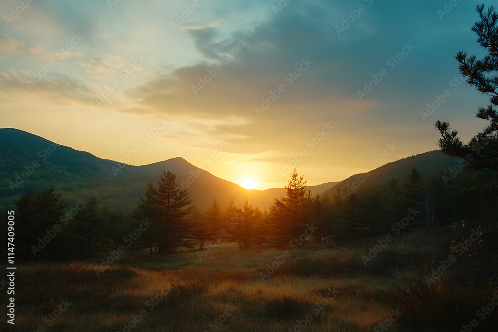 The sun sets behind a tranquil mountain range, casting a warm glow over a quiet meadow and scattered pine trees, creating a peaceful and idyllic natural scene. The sun sets behind a tranquil mountain range, casting a warm glow over a quiet meadow and scattered pine trees, creating a peaceful and idyllic natural scene.