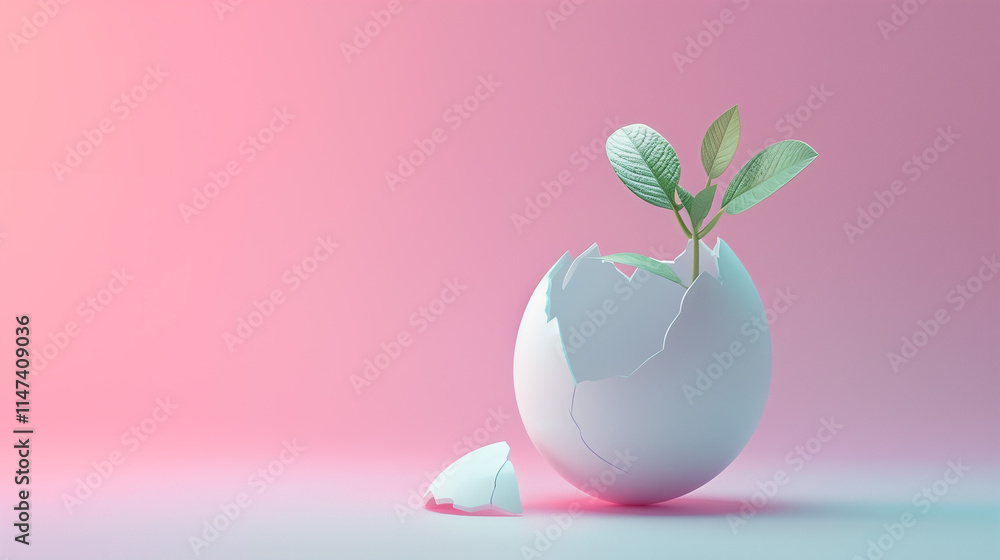 Creative minimal design of a plant growing out of a cracked white egg on a pastel background.