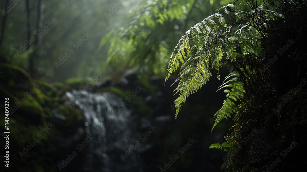 Fototapeta premium Lush ferns beside a tranquil stream in a dense forest during early morning. 