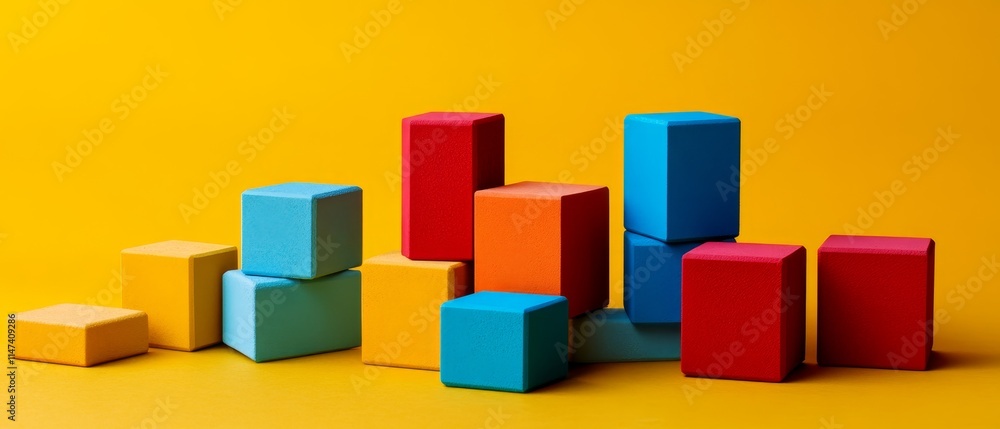 Colorful building blocks arranged playfully on a bright yellow background. Colorful building blocks arranged playfully on a bright yellow background.