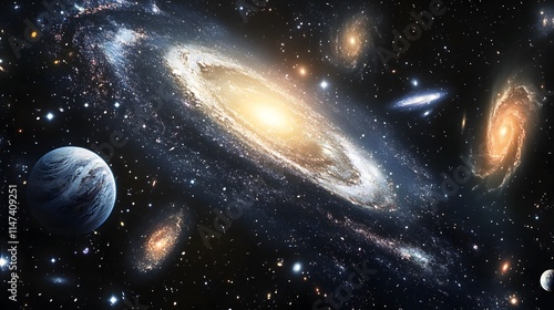 Exploring celestial wonders the milky way and distant galaxies outer space digital art cosmic environment wide angle view