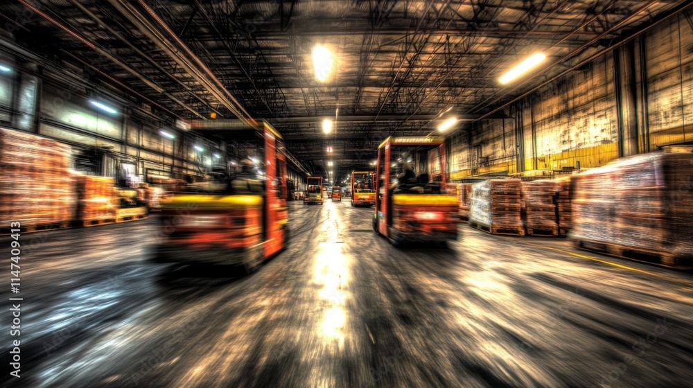 Motion blurred image of forklifts moving in a warehouse. Motion blurred image of forklifts moving in a warehouse.