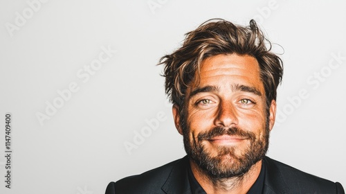 Portrait of a happy, handsome man with a beard and tousled hair, wearing a black suit against a white background.