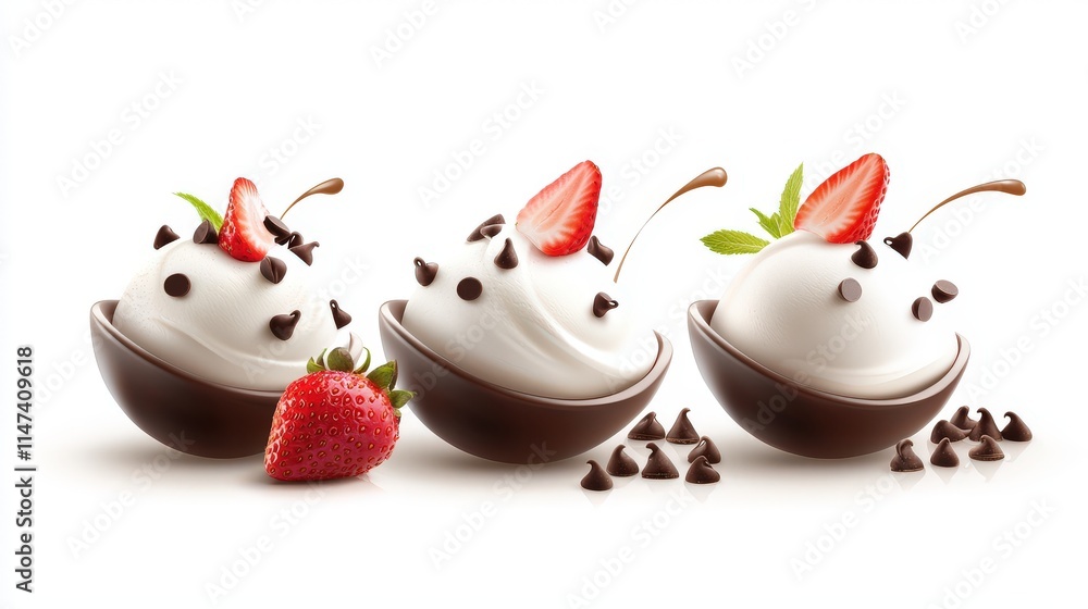 Sweet ice cream clip art: gourmet scoops with chocolate chips, strawberry swirls, and whipped cream toppings, perfectly isolated on a white background for summer visuals. Sweet ice cream clip art: gourmet scoops with chocolate chips, strawberry swirls, and whipped cream toppings, perfectly isolated on a white background for summer visuals.