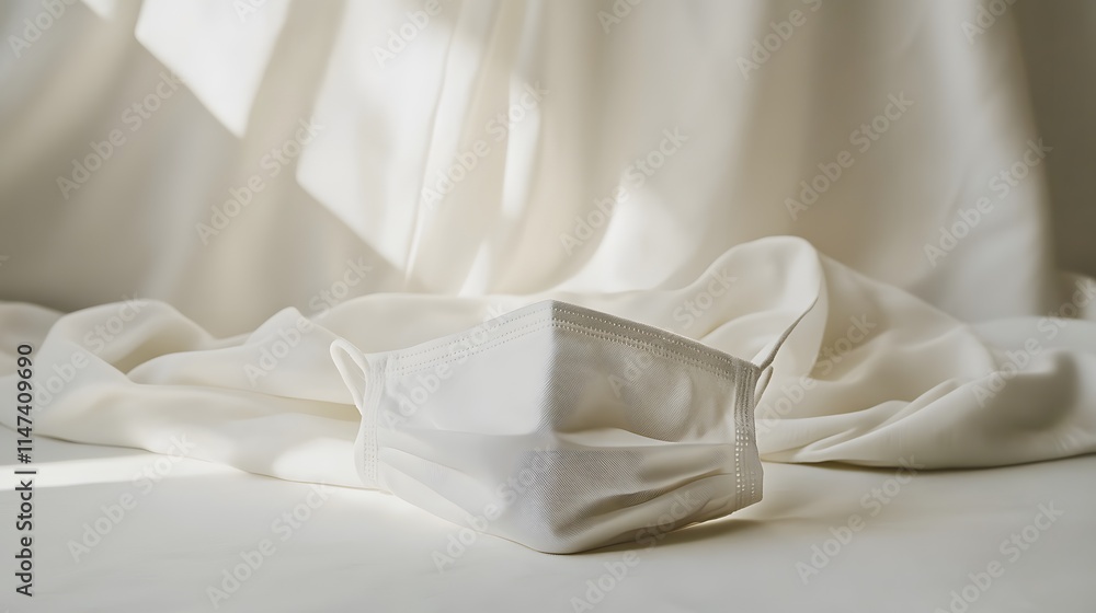 Calm and serene white mask on soft fabric minimalist photography indoor setting natural light tranquility Calm and serene white mask on soft fabric minimalist photography indoor setting natural light tranquility