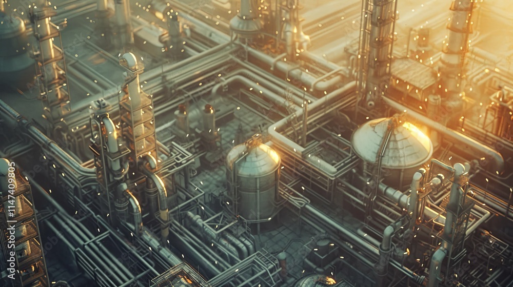 Aerial View of a Complex Industrial Refinery at Sunset Aerial View of a Complex Industrial Refinery at Sunset