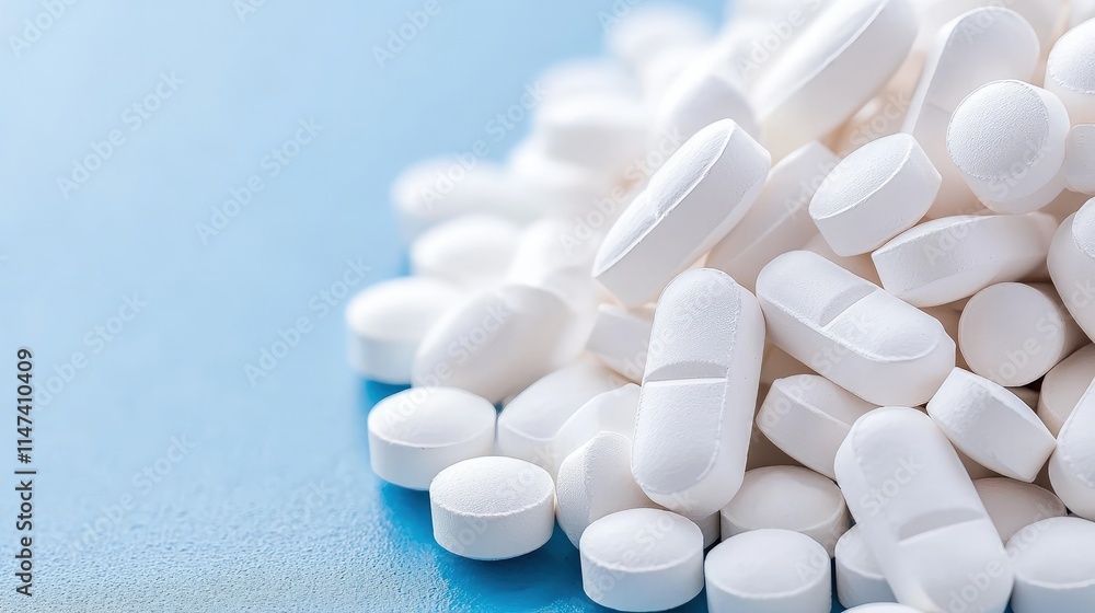 Close-up of a pile of white pills on a blue background. Close-up of a pile of white pills on a blue background.