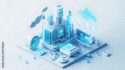 Isometric Computer Programming Icon, 3D Illustration, Semi-Transparent Layer Style, Unreal Engine 5 Theme, Light White and Blue Tones, Glass Material, Data Visualization, Industrial Machinery Aestheti