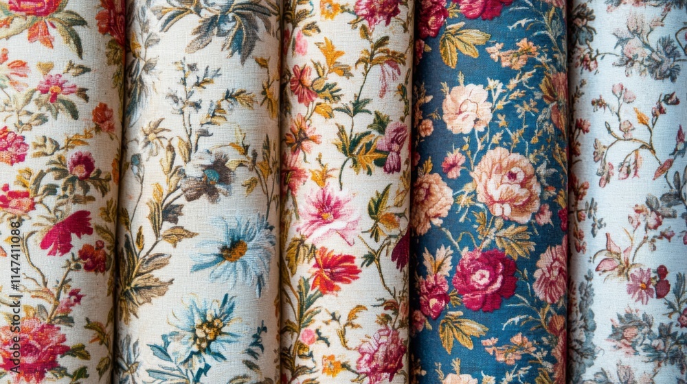 Rolled floral fabric bolts showcasing various prints and colors. Rolled floral fabric bolts showcasing various prints and colors.