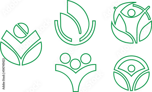 Eco friendly icons set in trendy green line styles. Ecologic food stamp. Organic natural food vectors illustration. Element designs for natural concept collection isolated on transparent background.