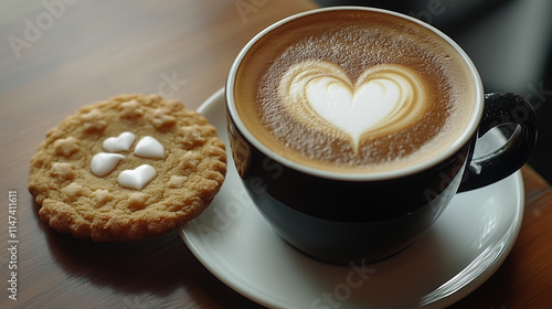 Heart-Shaped Latte Art Coffee in Black Cup with Cookie on White Saucer, Captured from Above in Soft Natural Light, Perfect for Cozy Valentine's Day Mornings and Elegant Food Presentation