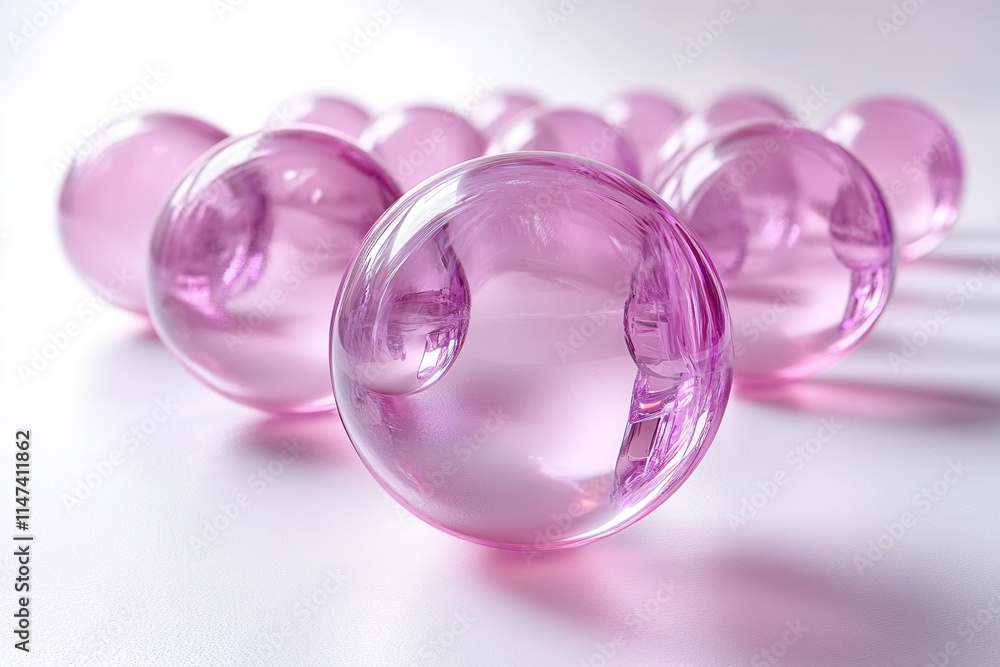 A cluster of translucent pink spheres arranged on a smooth surface. A cluster of translucent pink spheres arranged on a smooth surface.