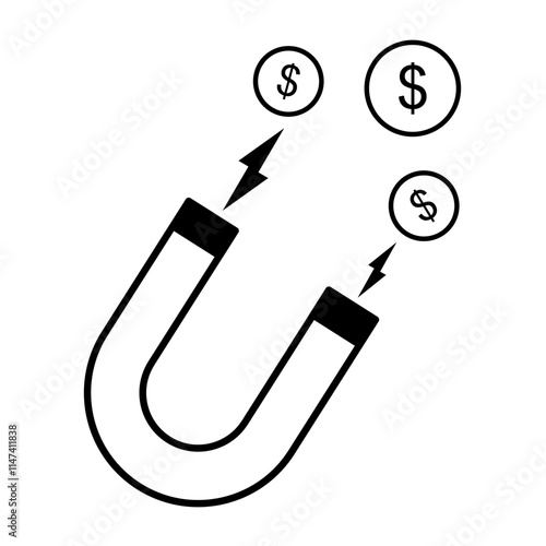 money attracting mahnet icon, simple flat style, illustration, logo sign symbol pictogram template, for ui or ux isolated on white for mobile app, editable