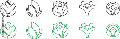 Eco friendly icons set in black and green line style. Ecologic food stamp. Organic natural food vectors illustration. Element designs for natural concept collection isolated on transparent background.