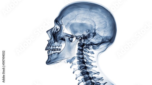 A profile X-ray image of a head and neck, showing the skull and spine.


