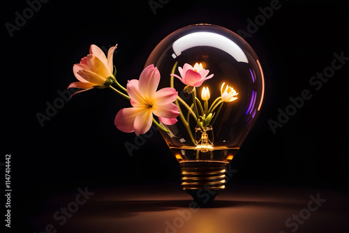 Abstract and creative image of light bulb and flowers inside isolated on black background