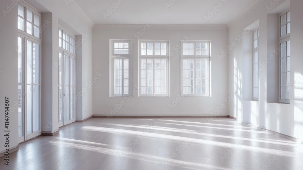 Empty bright room with sunlight streaming through large windows and hardwood floors.
