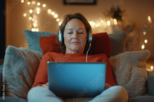 Woman in her 50s Participating in a Virtual Therapy Session while Relaxing at Home with Warm Lighting and Comfortable Furnishings